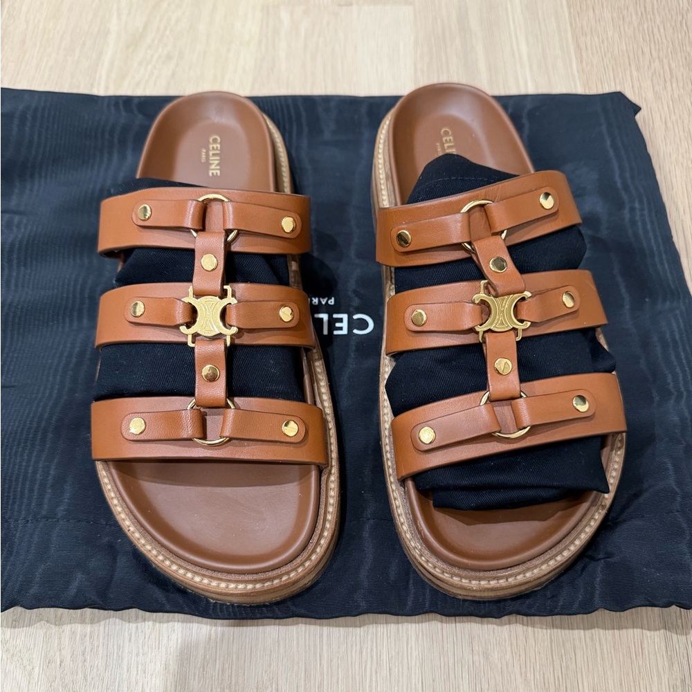 Celine Brown Leather Sandals with Gold Accents
